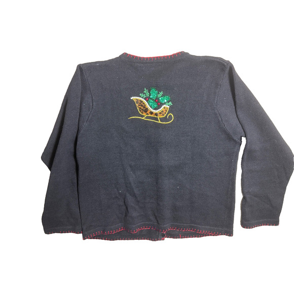 Christmas Sweater Embellished Pearls Sequin Black Animal Print Sleighs Sz Large - Picture 10 of 10